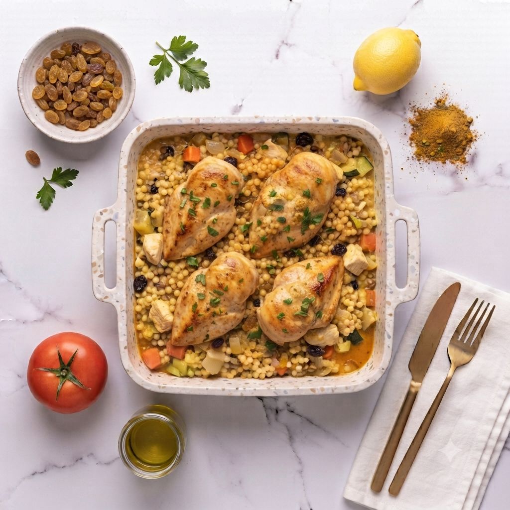 Creamy Coconut Chicken, Pearl Couscous & Raisin Bake