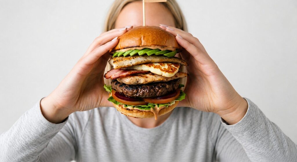 Woman eating a protein-packed burger
