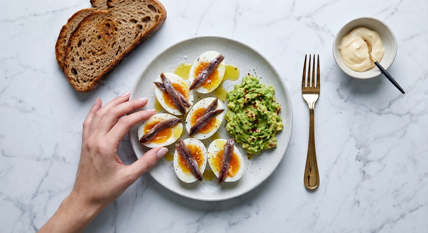 Soft boiled eggs with anchovies and avocado — a simple high protein breakfast