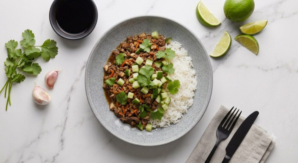 Sticky ginger-lime beef bowl with jasmine rice, cucumber and coriander