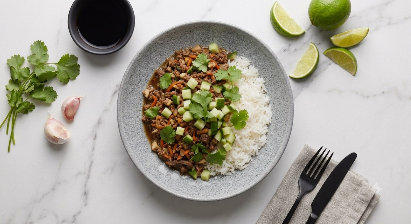 Sticky ginger-lime beef bowl with jasmine rice, cucumber and fresh coriander