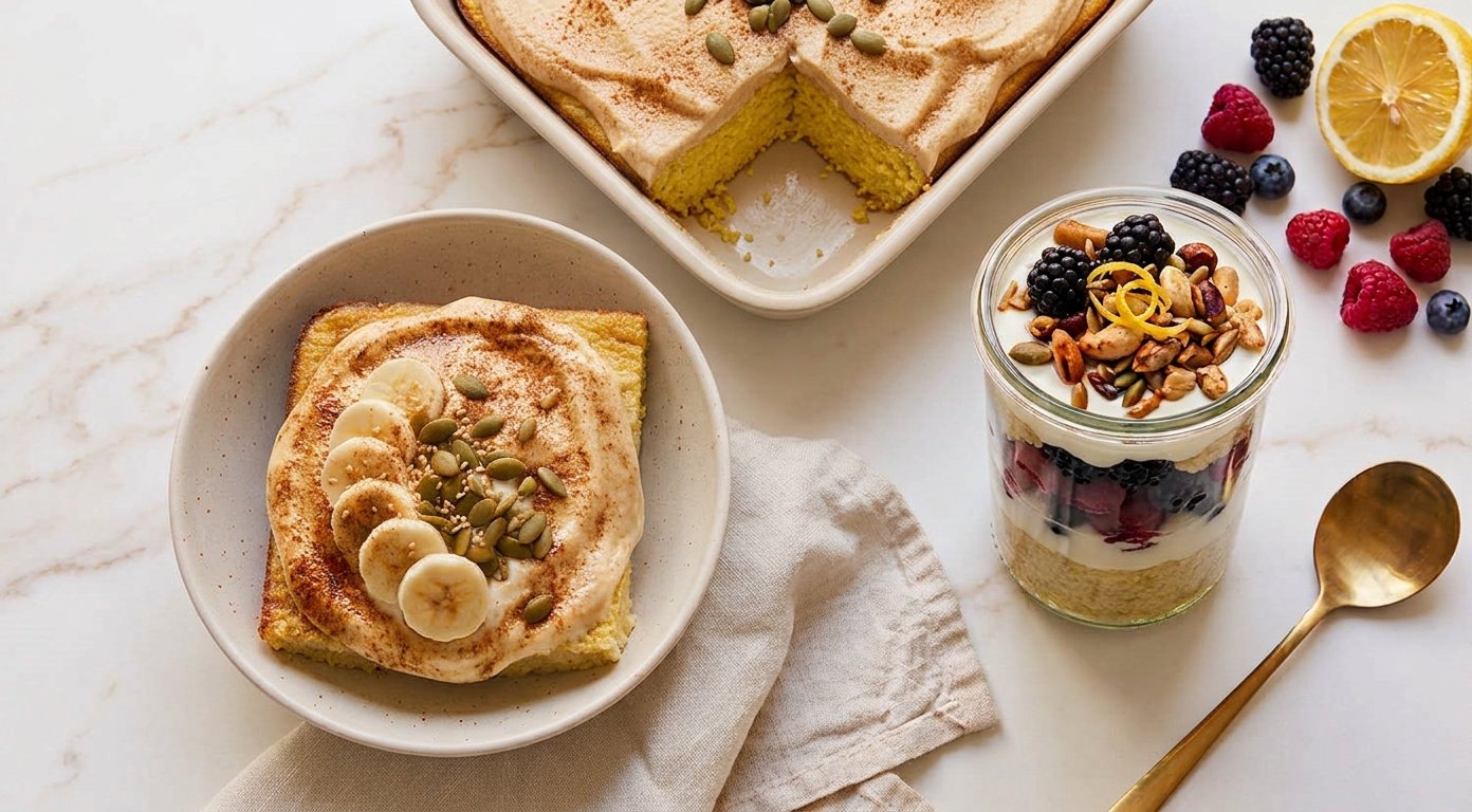 A coconut millet breakfast bake served two ways — a warm yoghurt-topped bowl and a cold layered parfait — from one tray