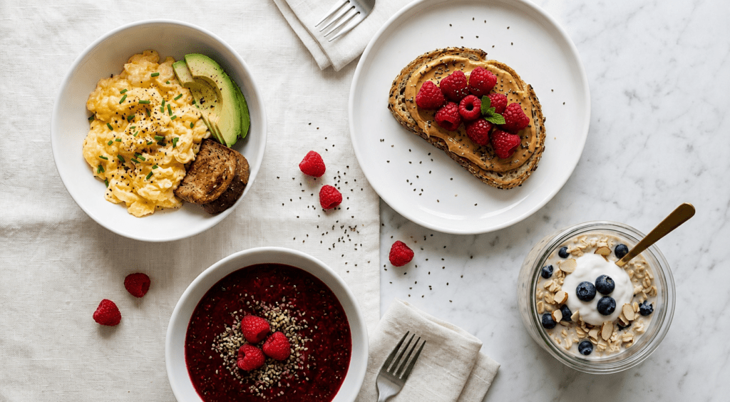 A flat lay of high-protein breakfasts — cottage cheese scramble, peanut butter and raspberry toast, raspberry chia bowl and overnight oats — all under five minutes