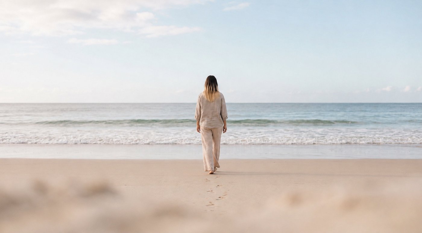 A woman walking unhurried along the sand toward the sea — a gentler path forward, not another fresh-start Monday