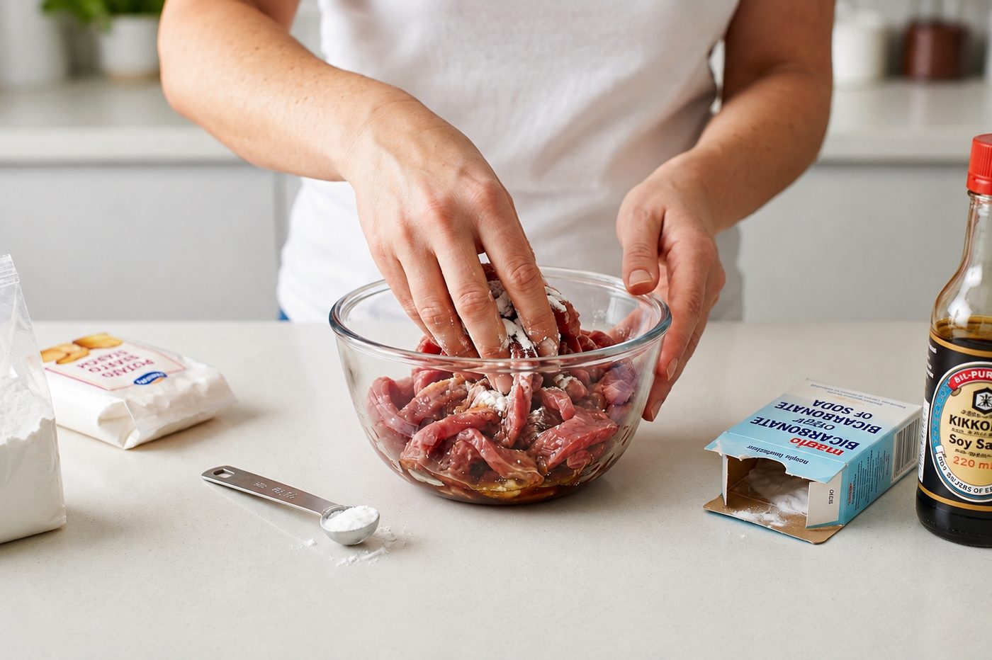 Massaging potato starch, soy and bicarb soda into beef strips — the velveting trick for tender stir-fry beef