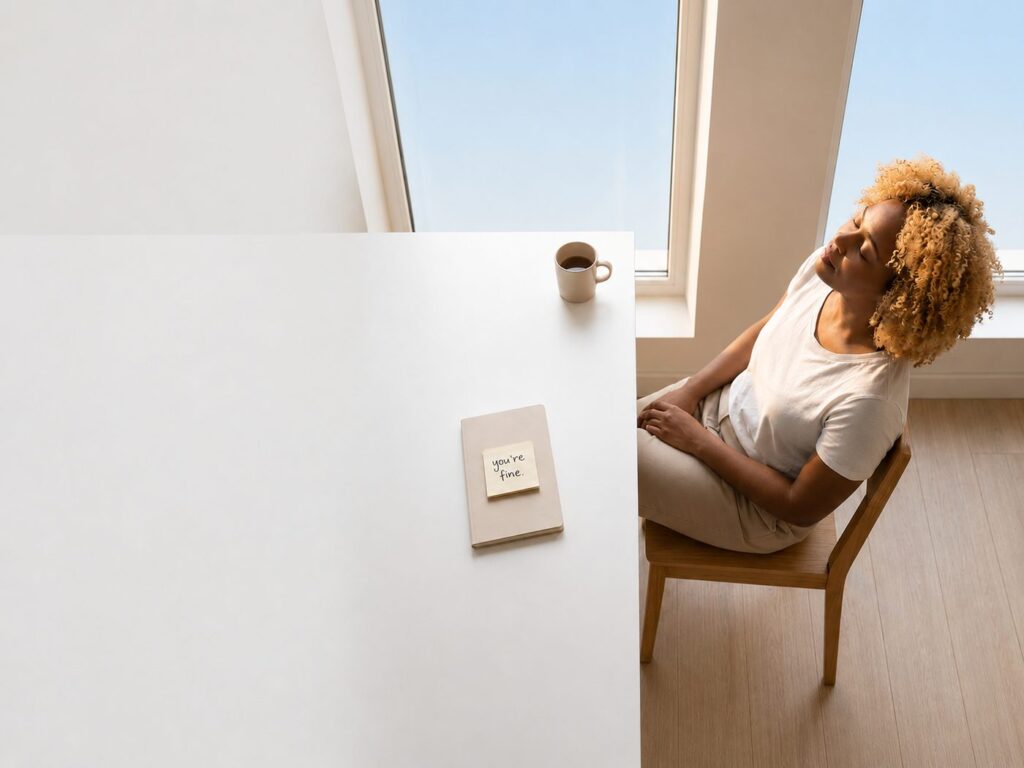 A woman sitting calmly at a table with a journal and coffee in morning light — a simple nervous-system reset