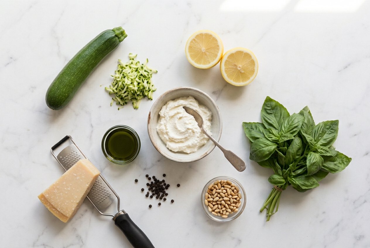 Fresh ingredients for lemon-ricotta summer pasta — ricotta, zucchini, lemon, basil and parmesan on marble