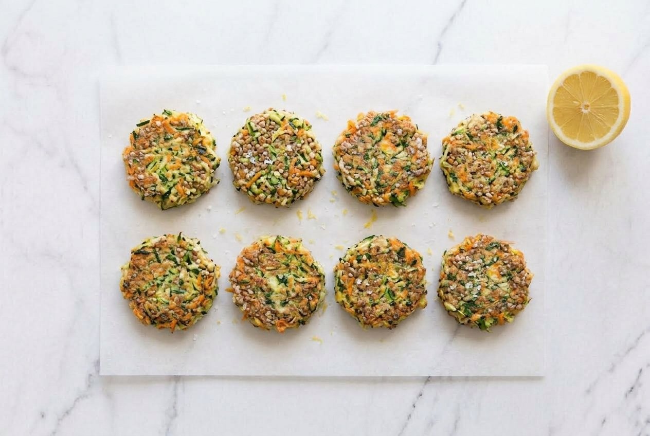 Raw sardine and buckwheat patties shaped on baking paper, flecked with grated zucchini and carrot